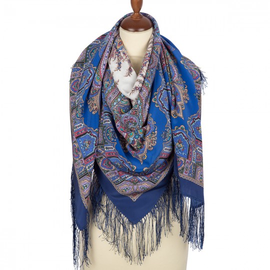 Premium shawl Eastern tale, silk, bleumarin - 130x130cm