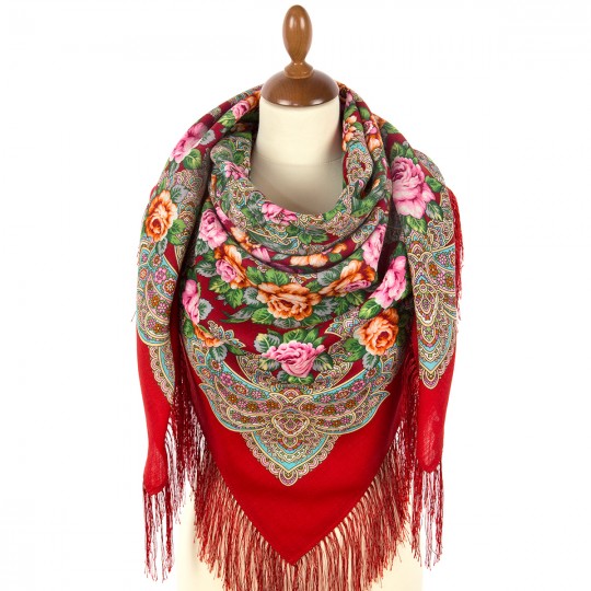 Premium shawl Next to dear home, wool, red - 125x125cm