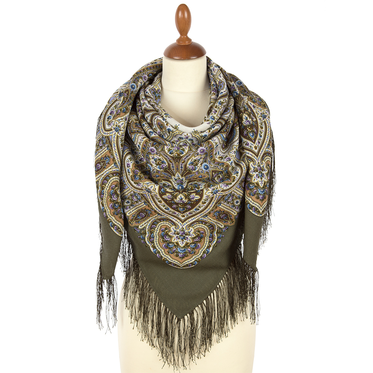 Premium shawl Dreams of White Flowers, wool, khaki - 125x125cm