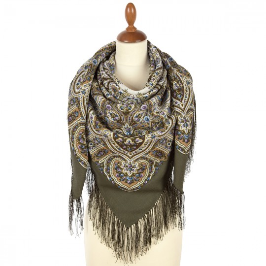 Premium shawl Dreams of White Flowers, wool, khaki - 125x125cm