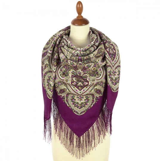 Premium shawl Dreams of White Flowers, wool, fuchsia - 125x125cm