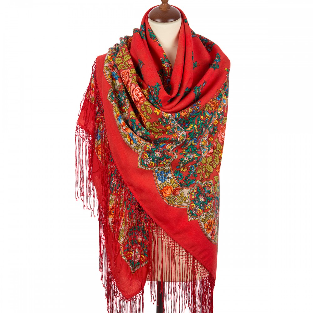 Premium shawl Medallions, wool, red - 148x148cm