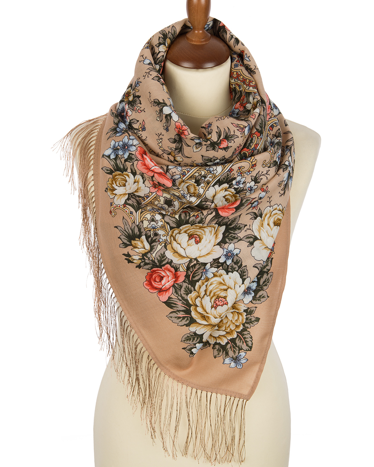 Premium scarf Flower romance, wool, beige - 150x60cm