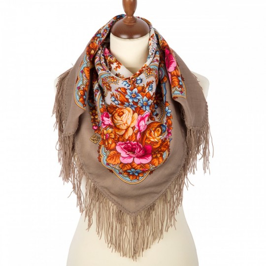 Premium scarf Spring Dawns, wool, brown - 89x89cm