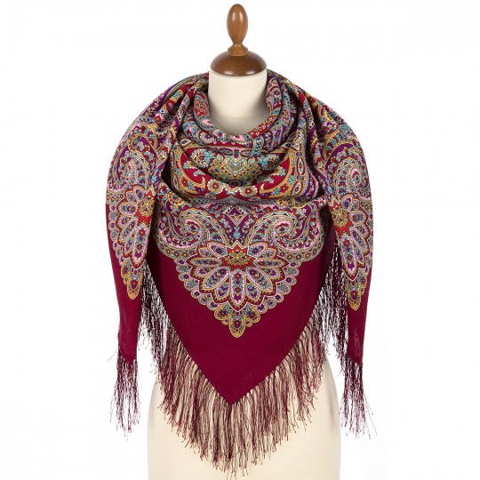 Premium shawl Festive City, wool, garnet - 125x125cm