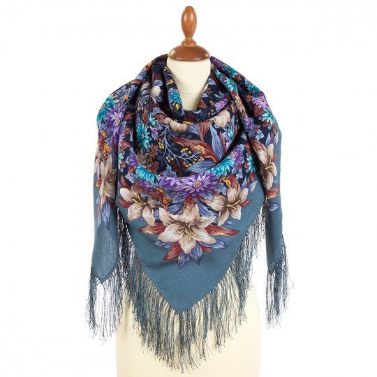 Premium shawl In the Gardens of Nizhegorod Land, wool, vintage light blue - 125x125cm