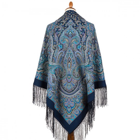 Premium shawl Terem painted, wool, navy blue - 135x135cm