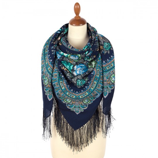 Premium shawl Lovely Image, wool, navy blue - 125x125cm