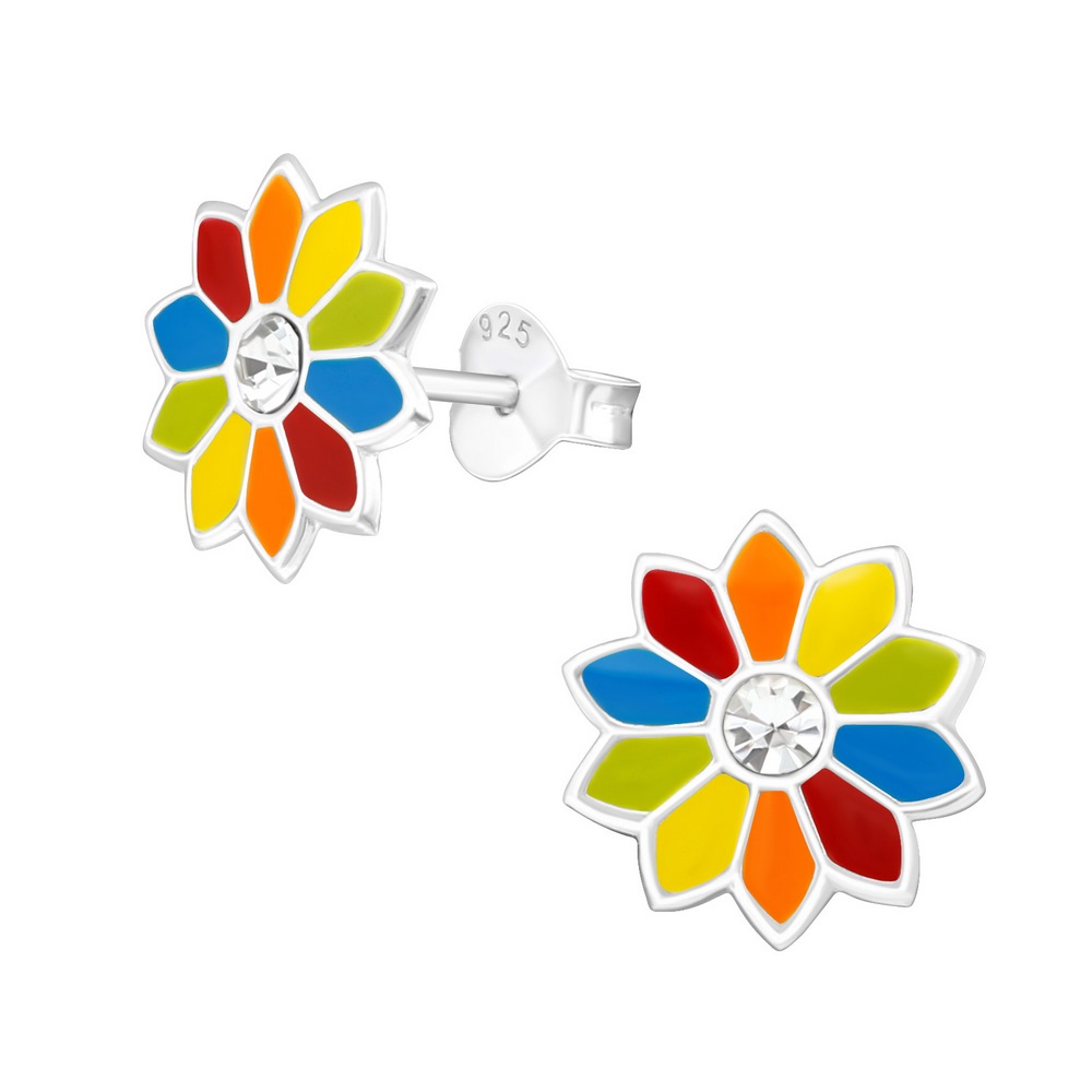 Rainbow flower earrings, 925 silver, 10.5mm