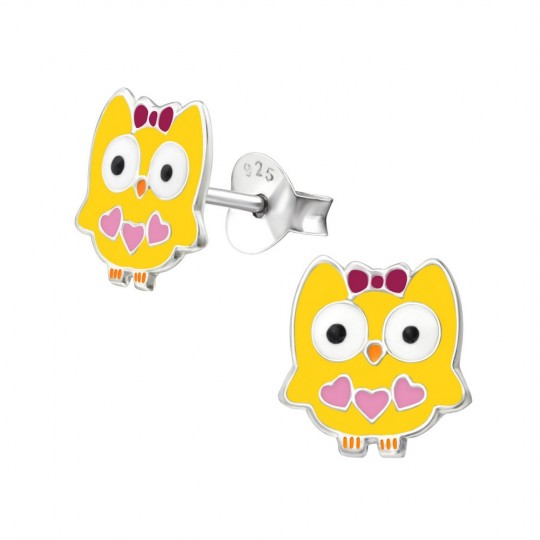 Owl with hearts earrings, 925 silver, 10x10mm