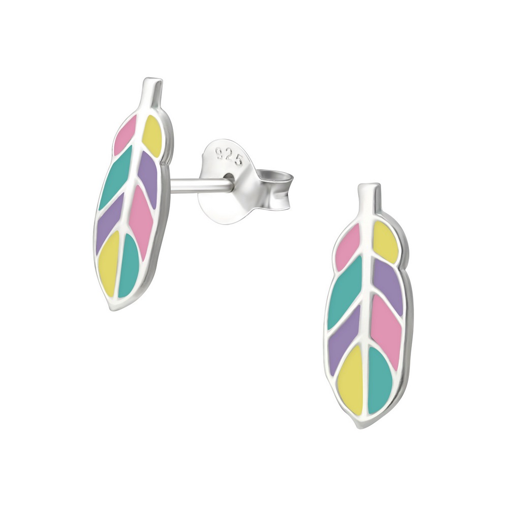 Cercei pentru copii pene multicolore, argint 925, 5x13mm