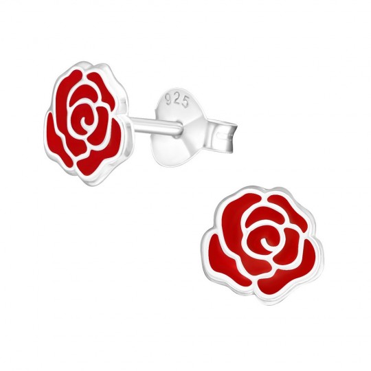 Red rose earrings, 925 silver, 7x7mm
