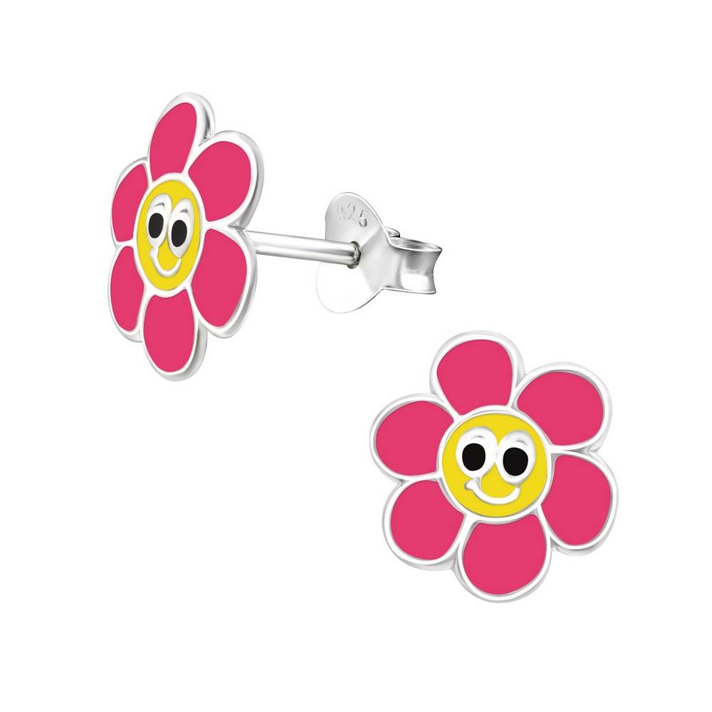 Cercei smiley floricica roz, argint 925, 10x10mm