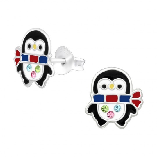 Cercei pentru copii pinguin cu cristale, argint 925, 9x8mm
