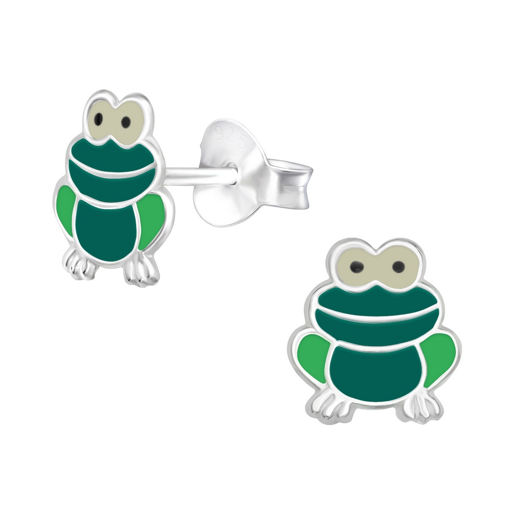 Green frog earrings, 925 silver, 7x8mm