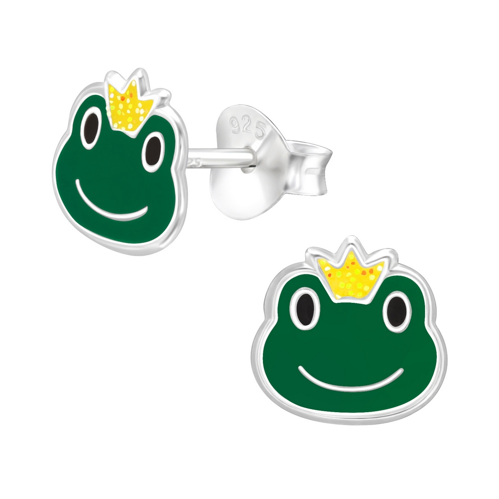Green frog earrings, 925 silver, 7x7mm