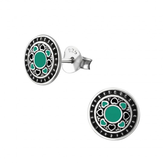 Cercei pentru copii cu  inimioare, verde marin, argint 925 antichizat, 8x8mm