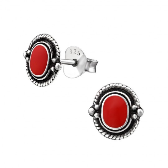 Cercei pentru copii oval, rosu, argint 925 antichizat, 7.5x7mm