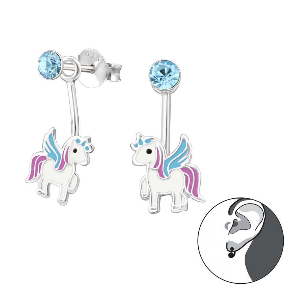 Cercei pentru copii unicorn roz-turcoaz, argint 925, 7x15mm