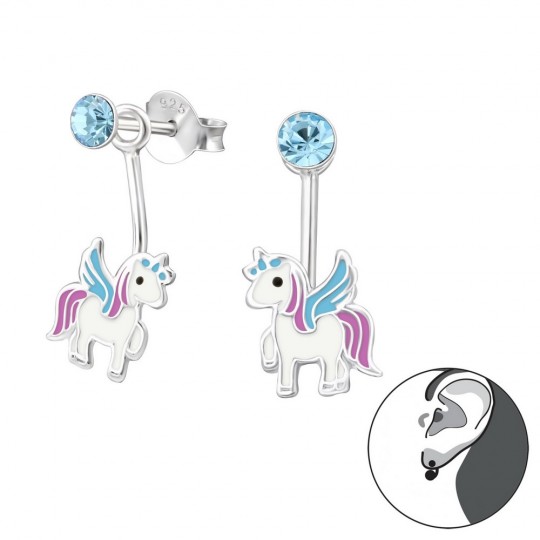 Cercei pentru copii unicorn roz-turcoaz, argint 925, 7x15mm