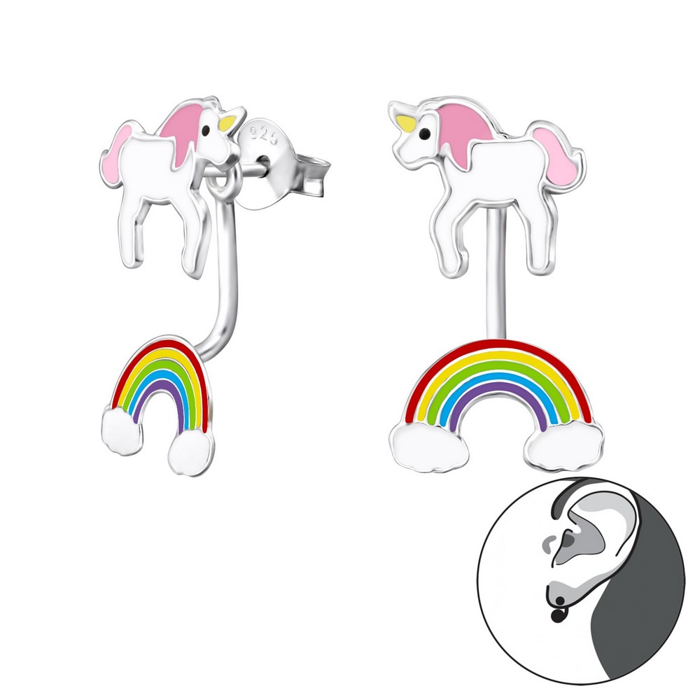 Cercei pentru copii unicorn roz si curcubeu, argint 925, 11x19mm