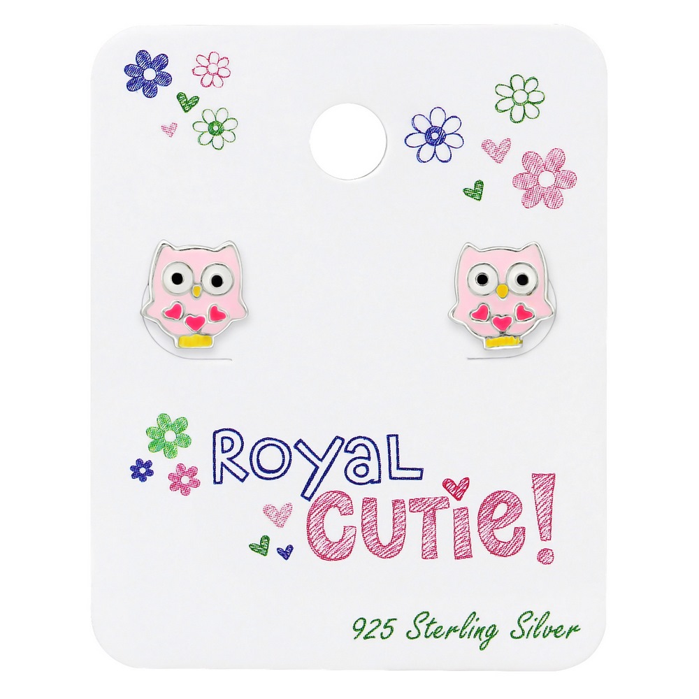 Pink owl earrings, 925 silver, 8x8mm