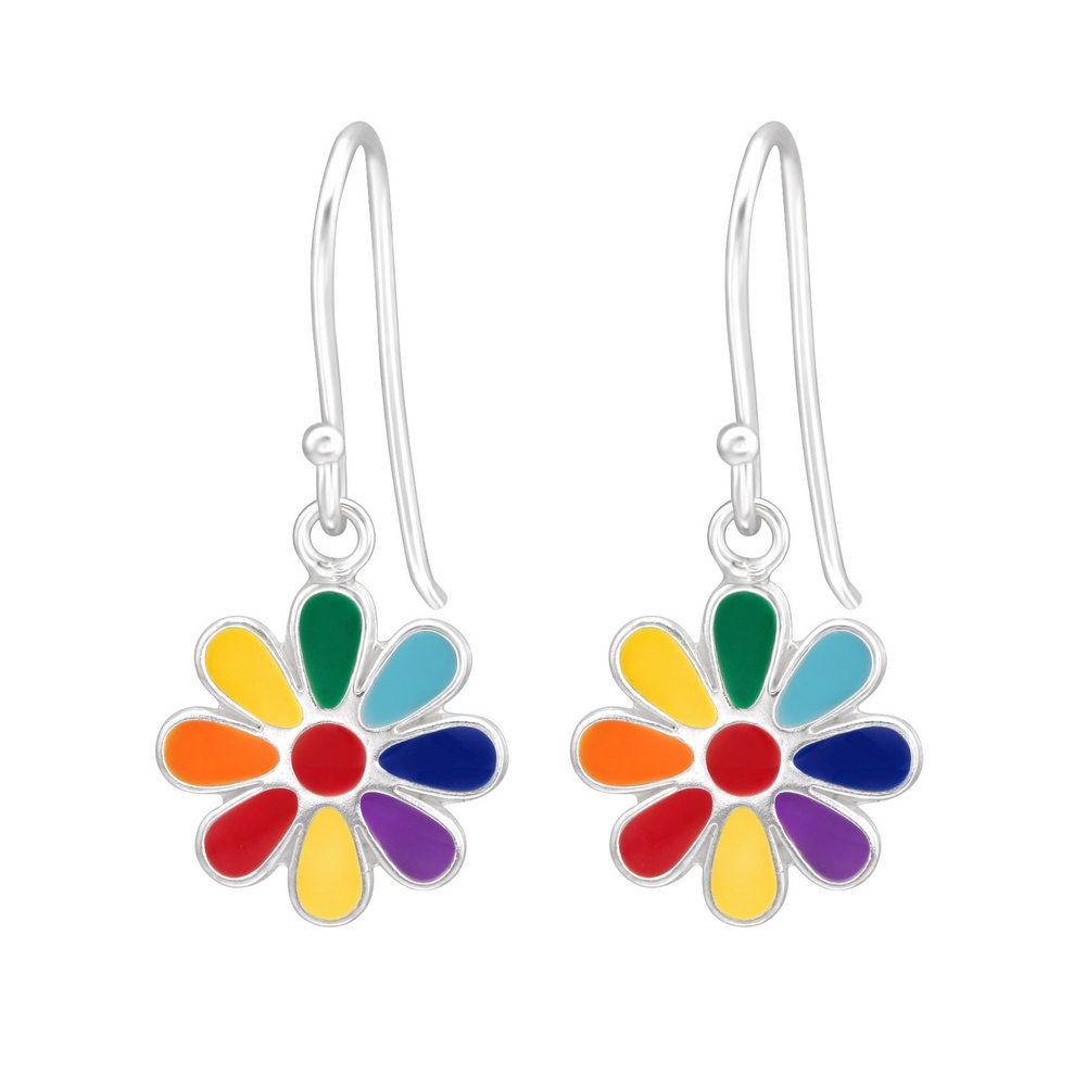 Cercei pentru copii floare multicolora, argint 925, 12mm