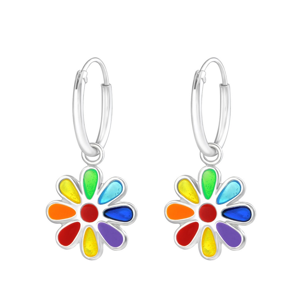 Cercei pentru copii floare multicolora, argint 925, 12x12mm