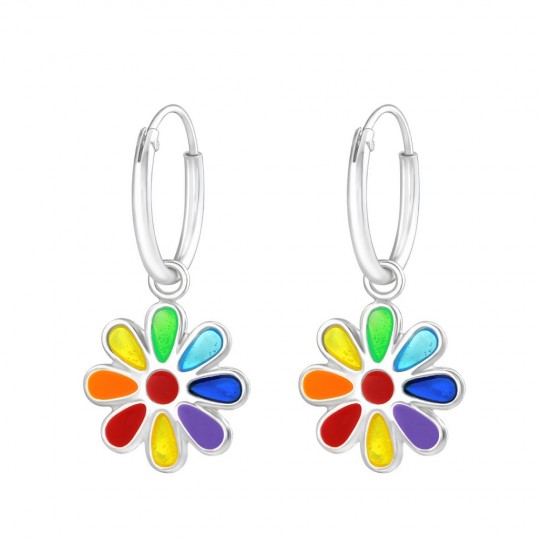 Cercei pentru copii floare multicolora, argint 925, 12x12mm
